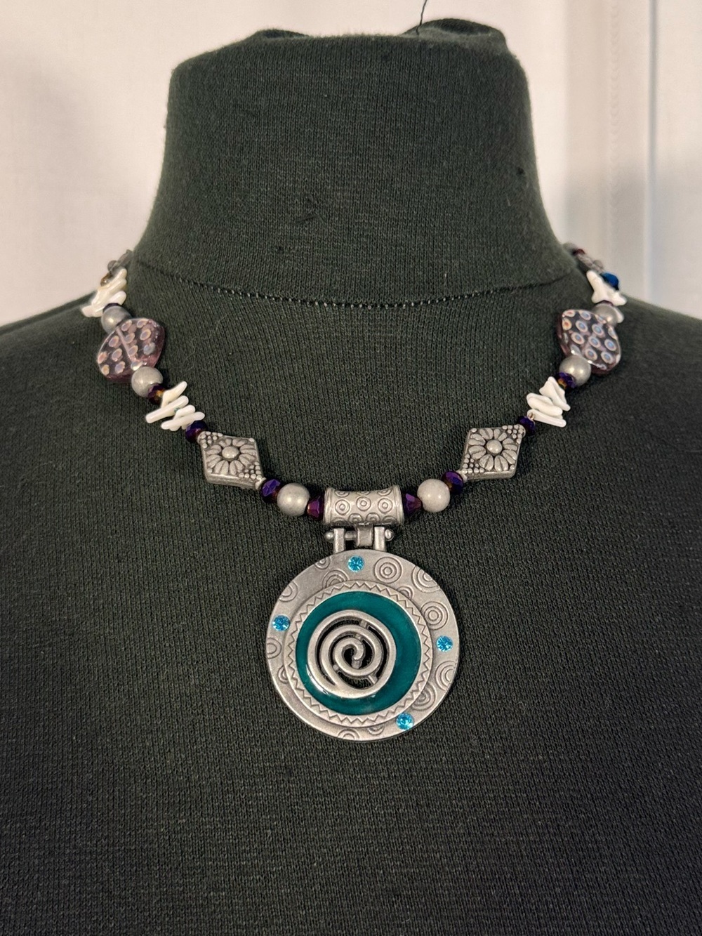Vintage Artisan Beaded Necklace With Spiral Medallion Pendant